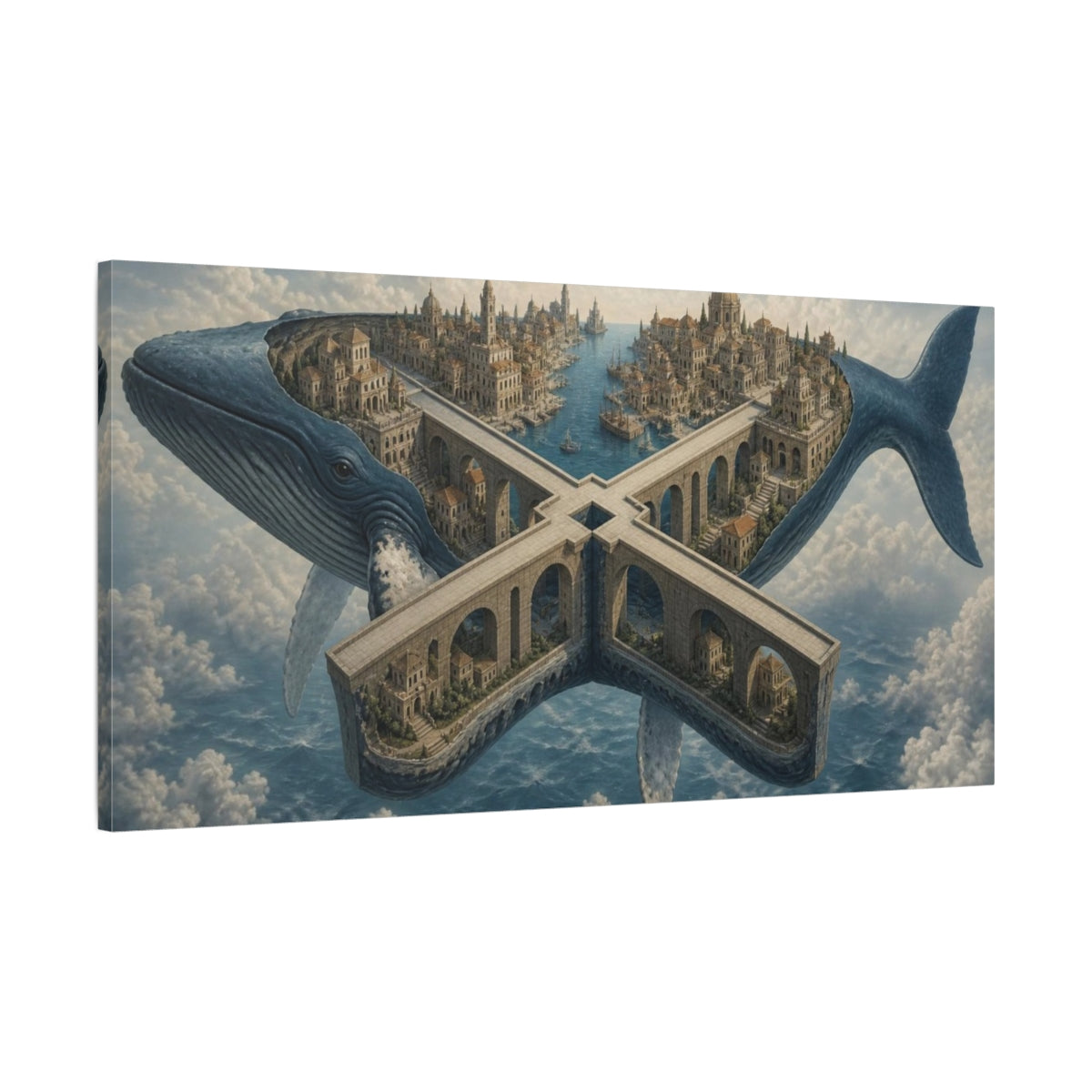 Main Mockup. Whale City Illusion shown as canvas print
