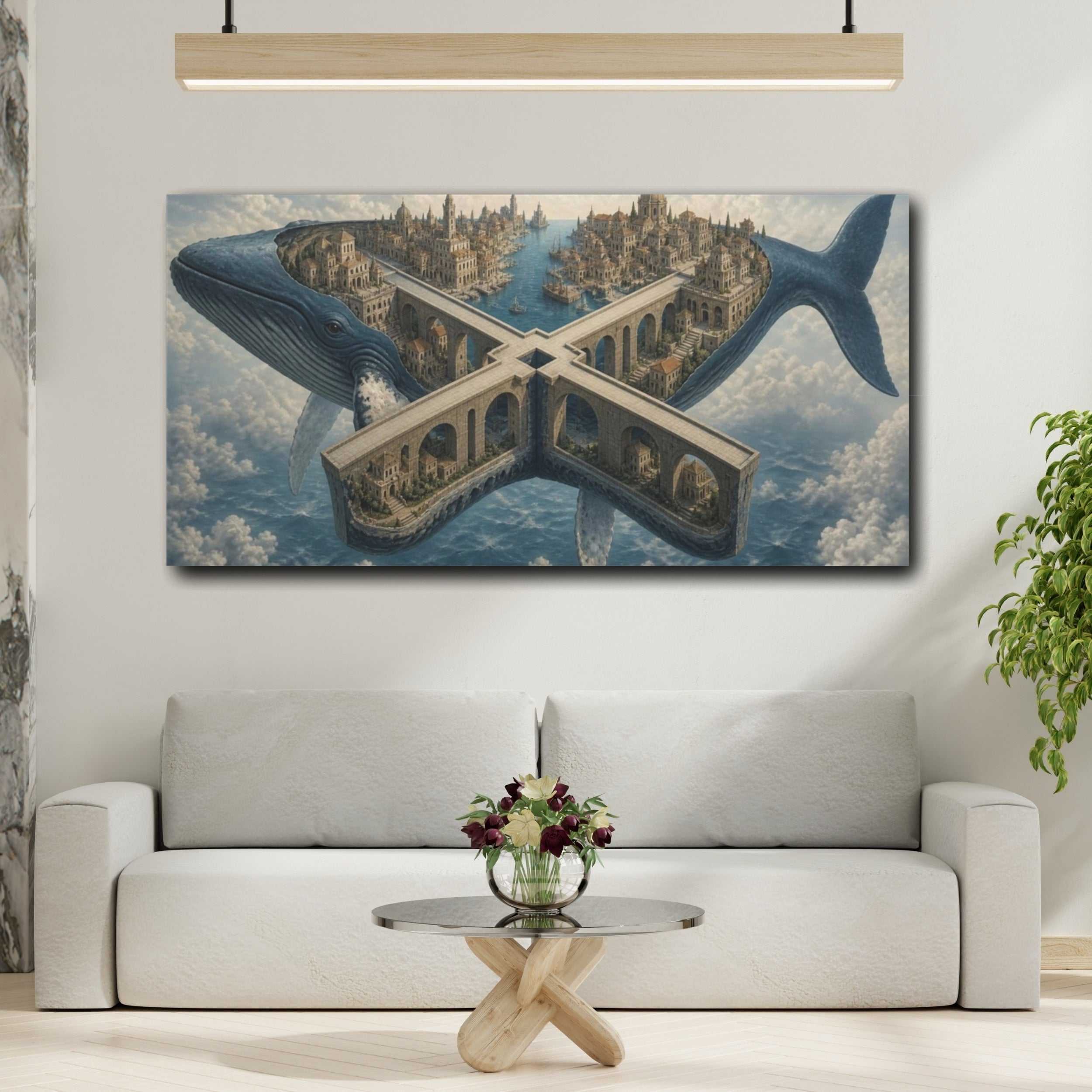 Mockup 2. Whale City Illusion shown as canvas print
