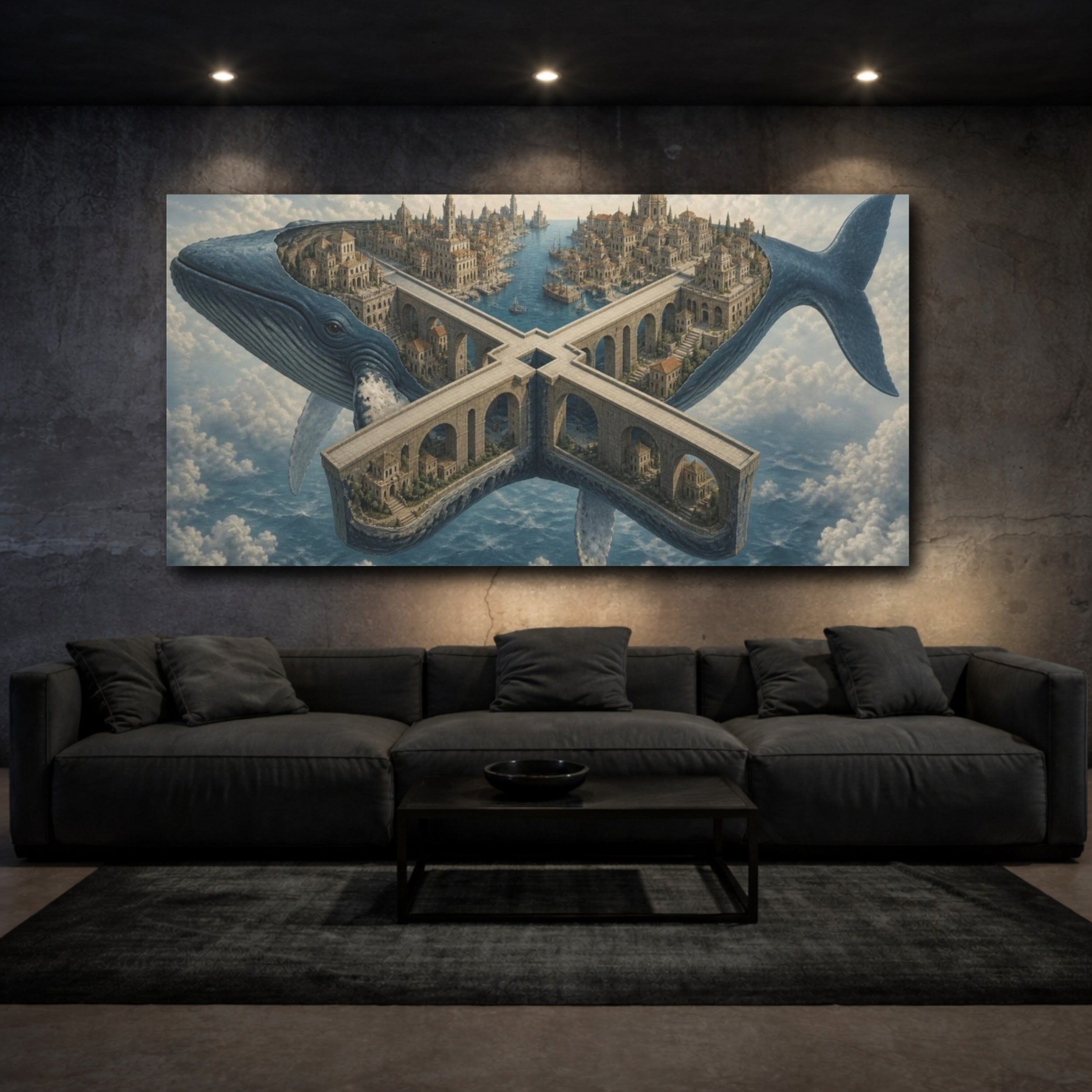 Mockup 3. Whale City Illusion shown as canvas print