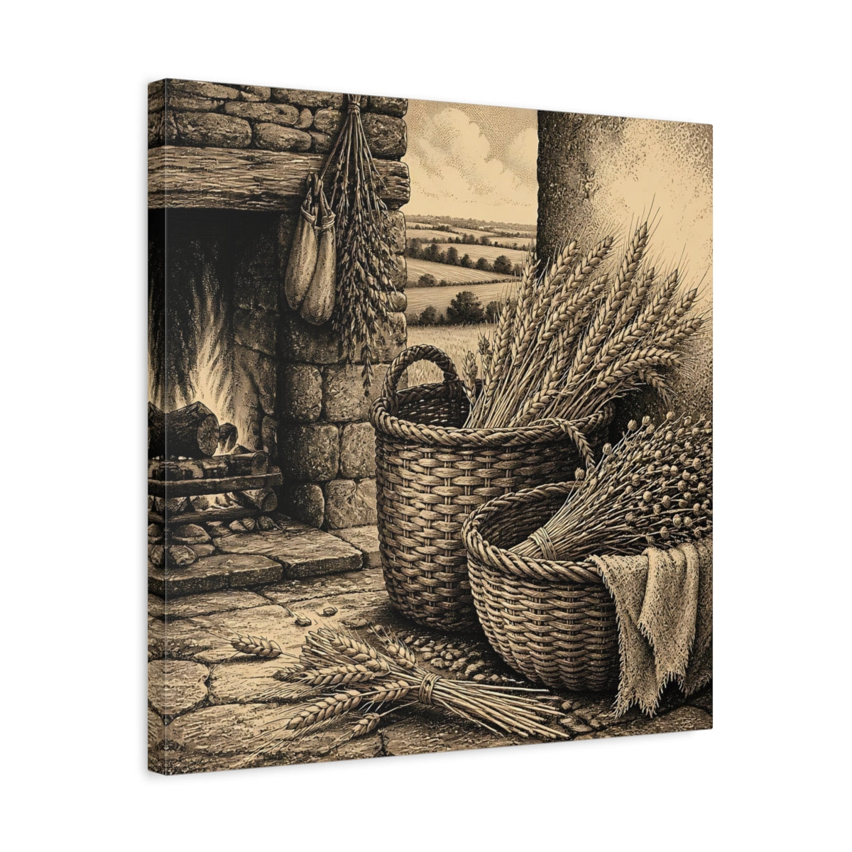 Side Mockup 5. Wheat Harvest Baskets shown as canvas print