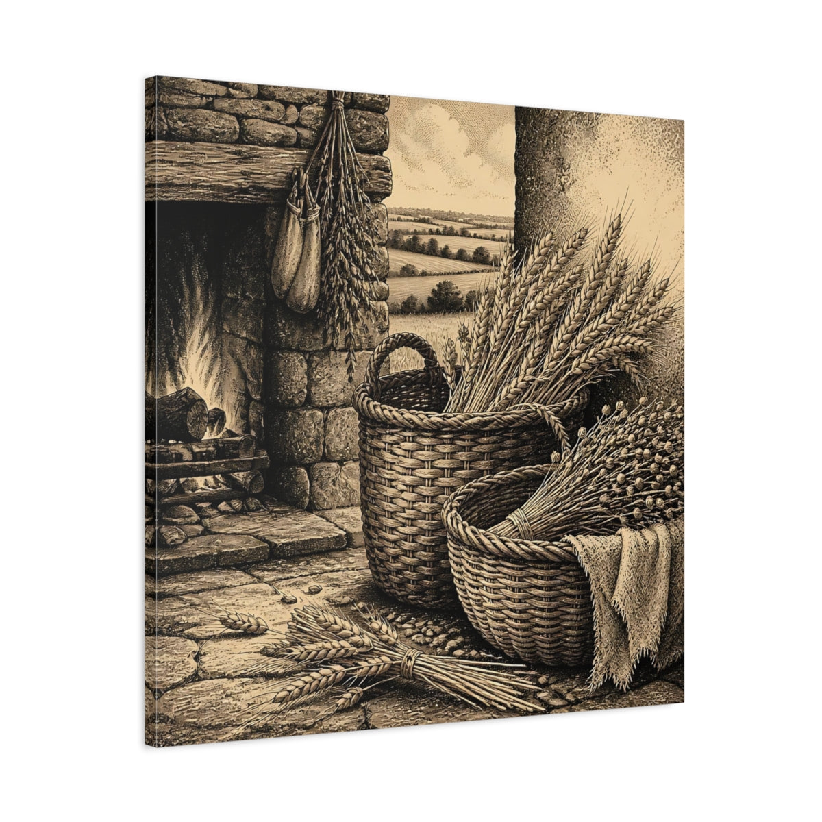 Side Mockup 3. Wheat Harvest Baskets shown as canvas print