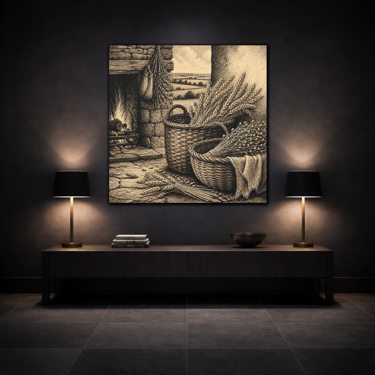 Mockup 3. Wheat Harvest Baskets shown as canvas print