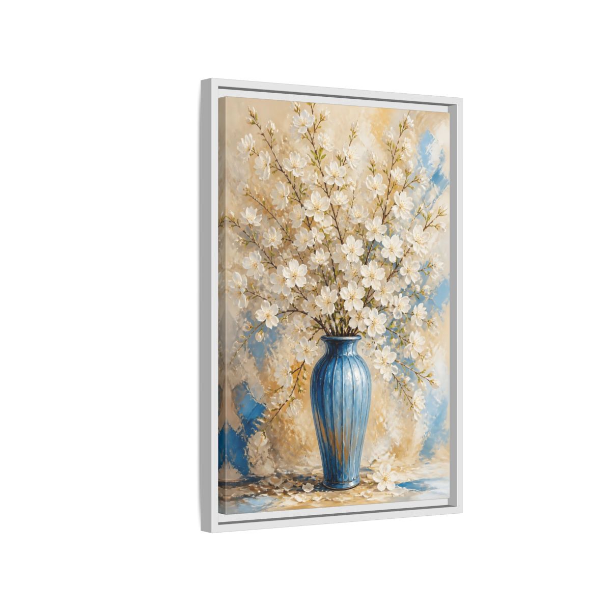 Side Mockup 1. White Blossom Floral Vase shown as framed canvas print
