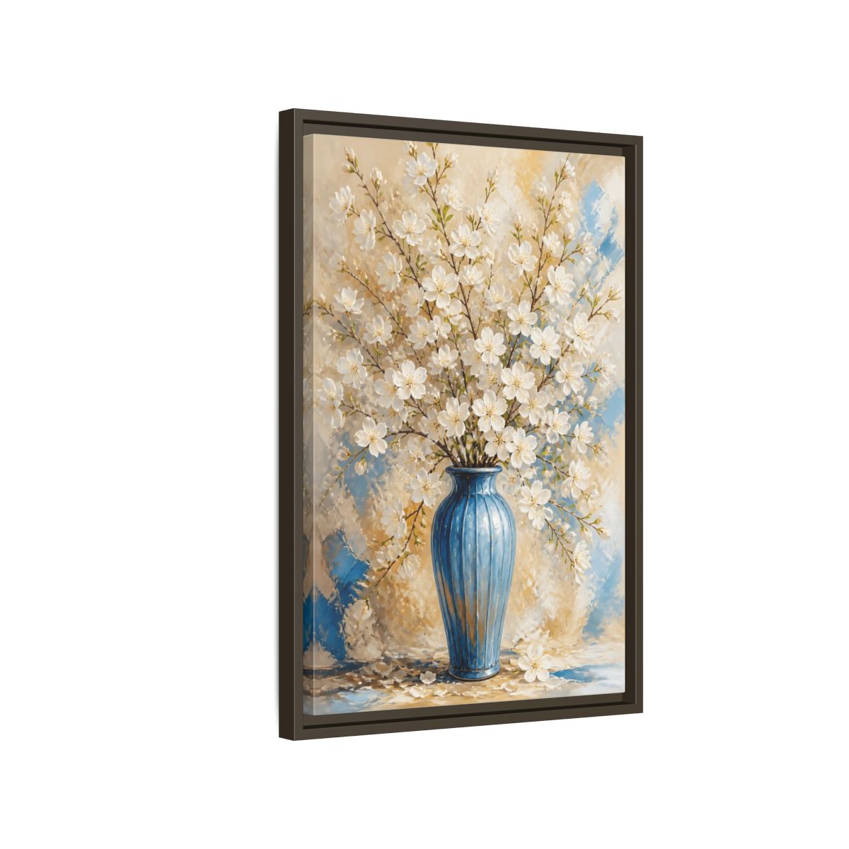 Side Mockup 2. White Blossom Floral Vase shown as framed canvas print