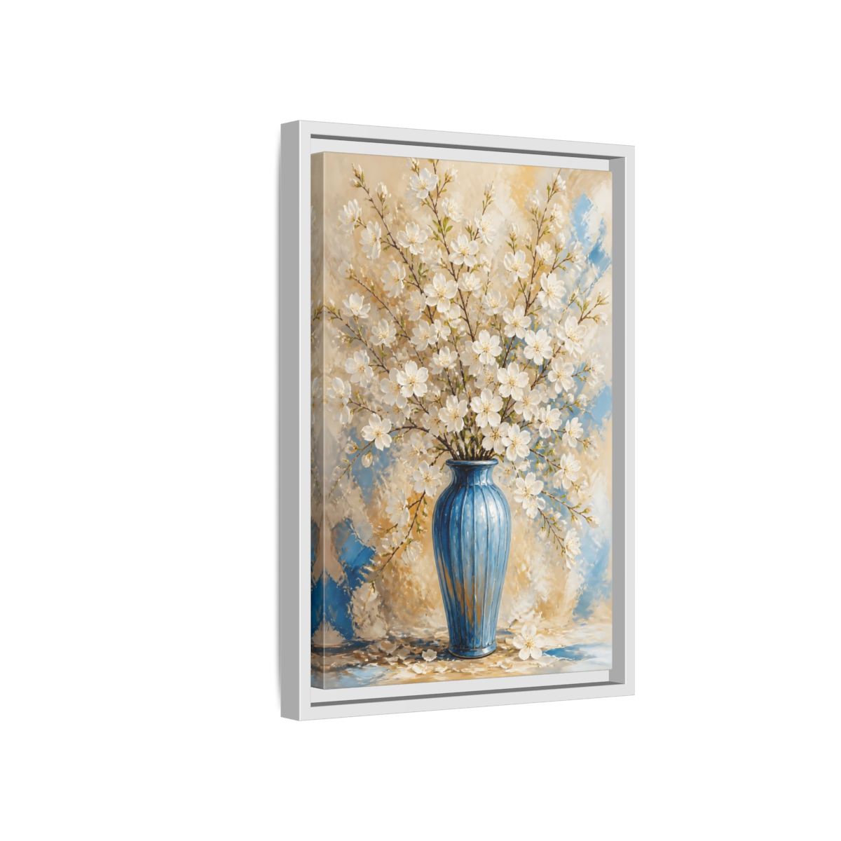 Side Mockup 4. White Blossom Floral Vase shown as framed canvas print
