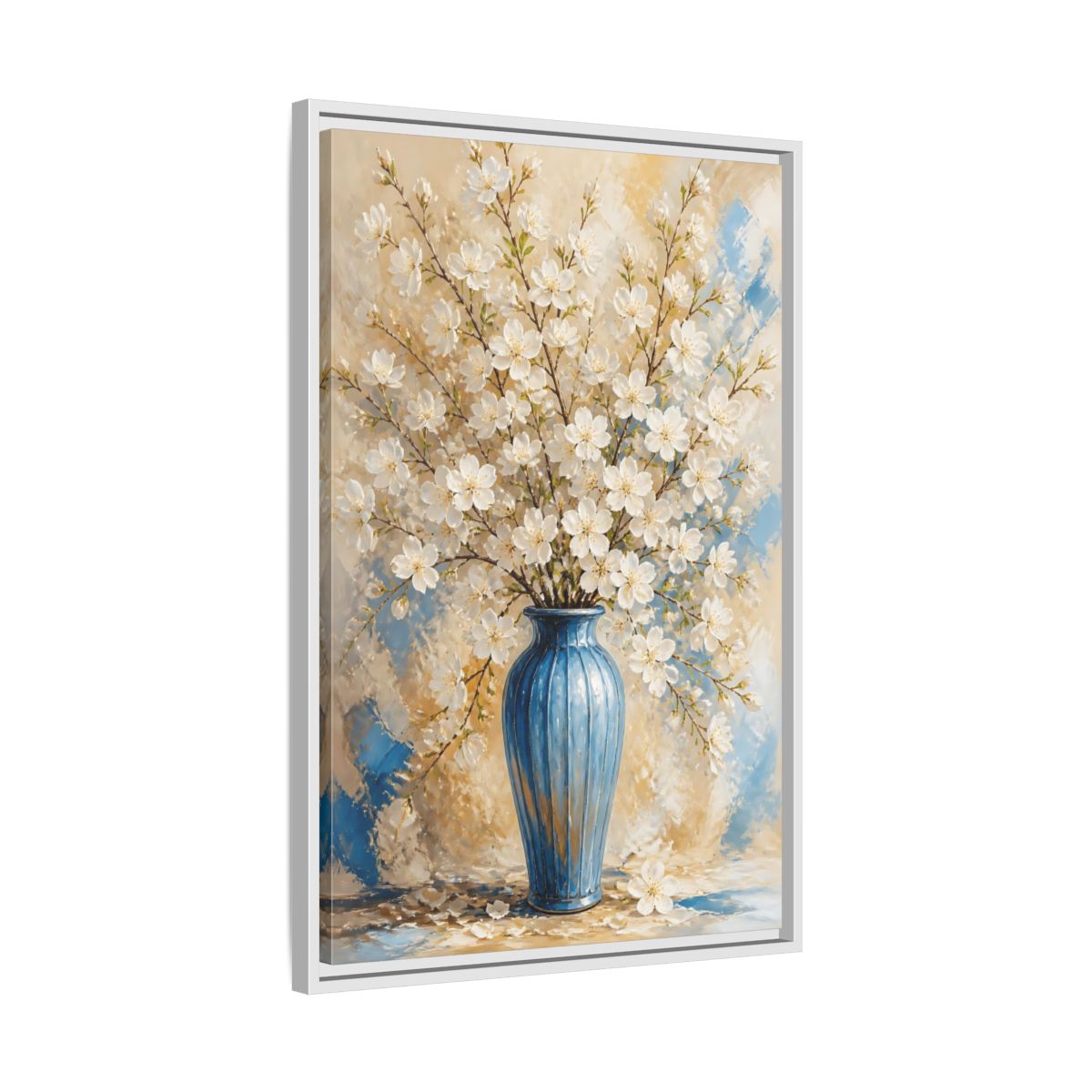 Side Mockup 10. White Blossom Floral Vase shown as framed canvas print