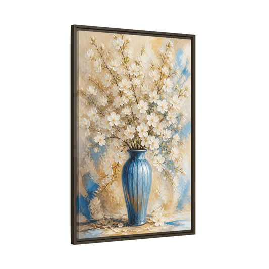 Main Mockup. White Blossom Floral Vase shown as framed canvas print