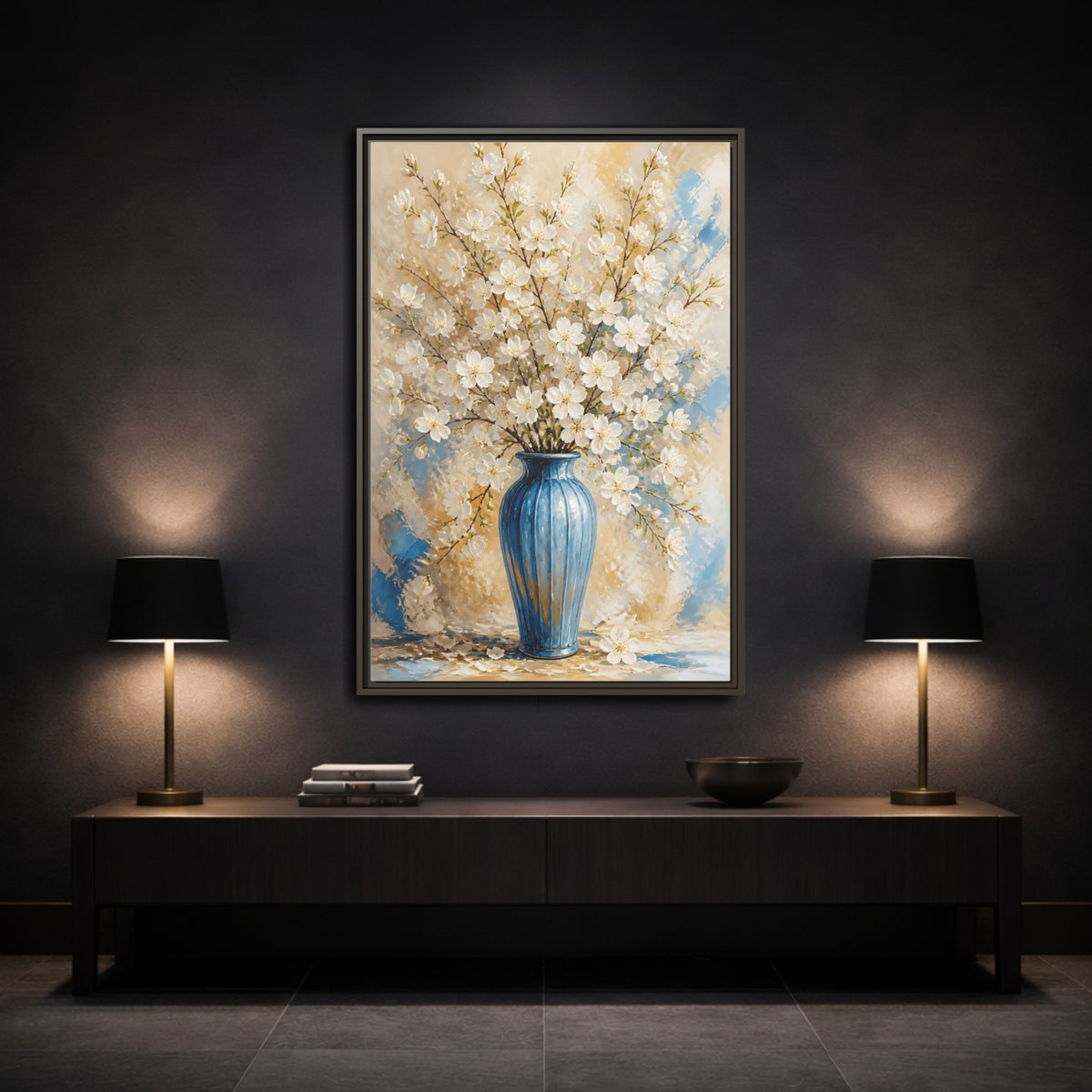 Mockup 3. White Blossom Floral Vase shown as framed canvas print