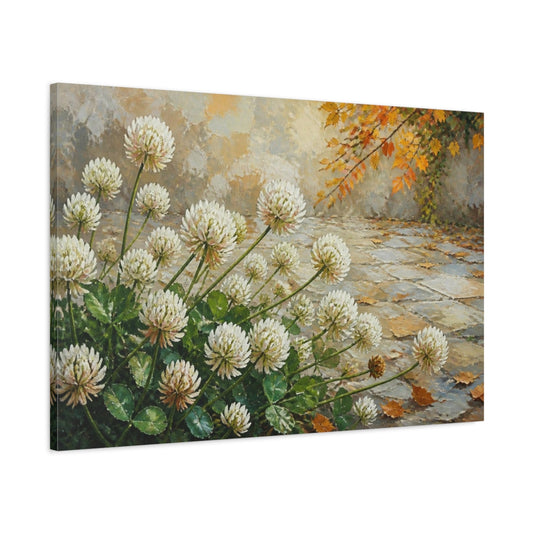 Main Mockup. White Clover Flowers In Autumn shown as canvas print