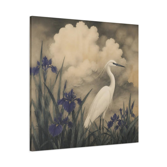 Main Mockup. White Egret And Irises shown as canvas print