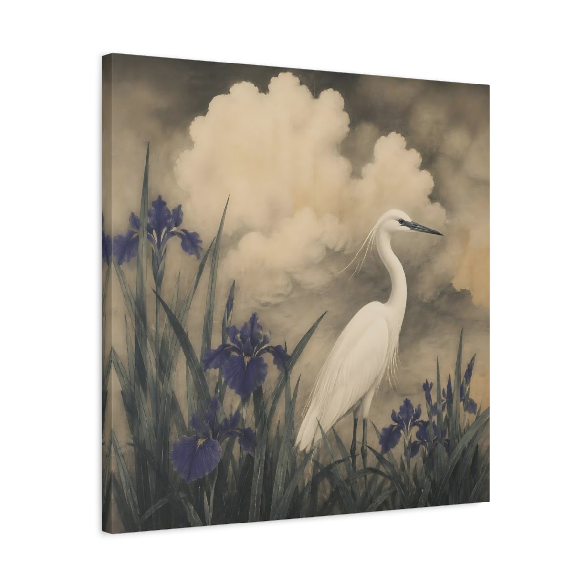 Side Mockup 4. White Egret And Irises shown as canvas print