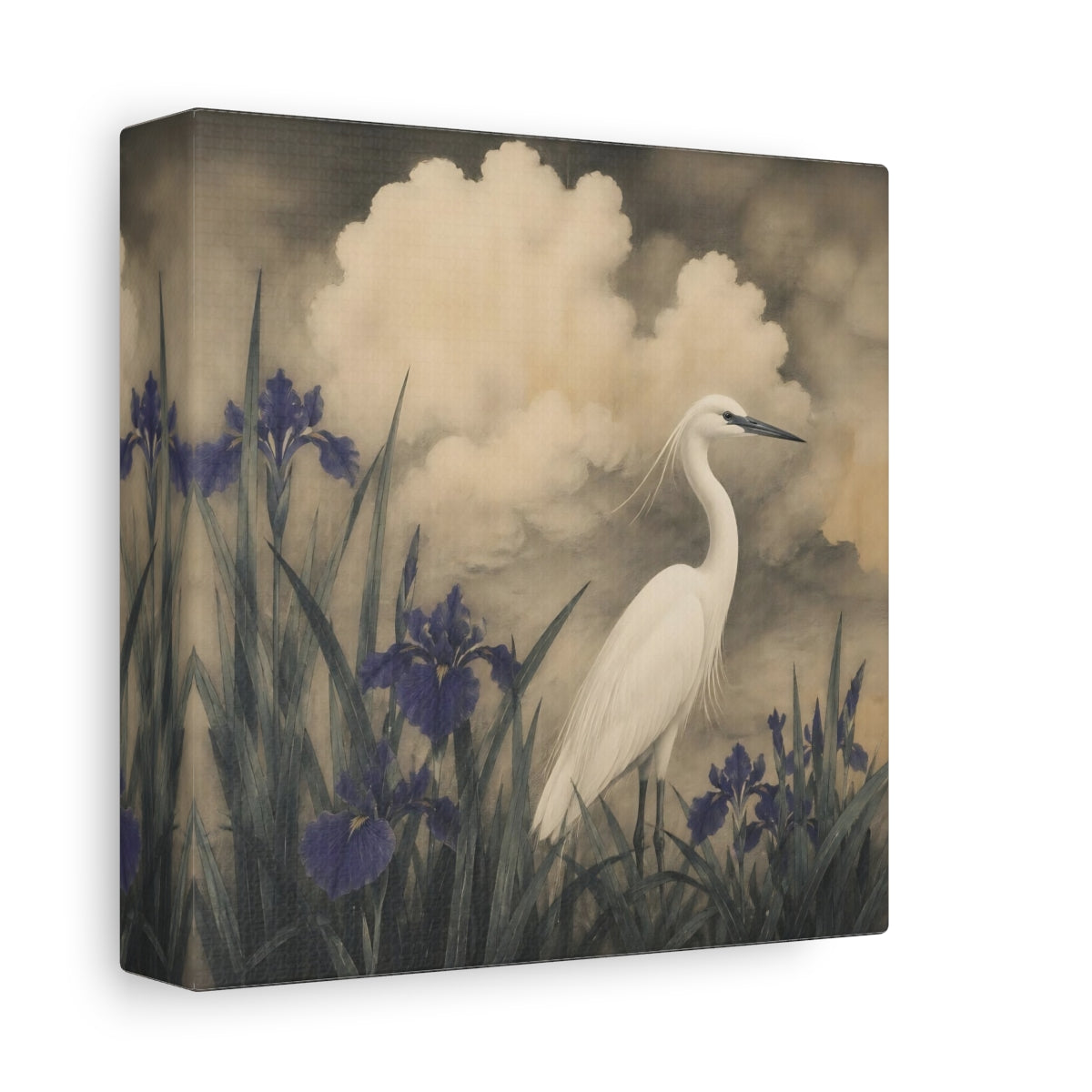 Side Mockup 2. White Egret And Irises shown as canvas print
