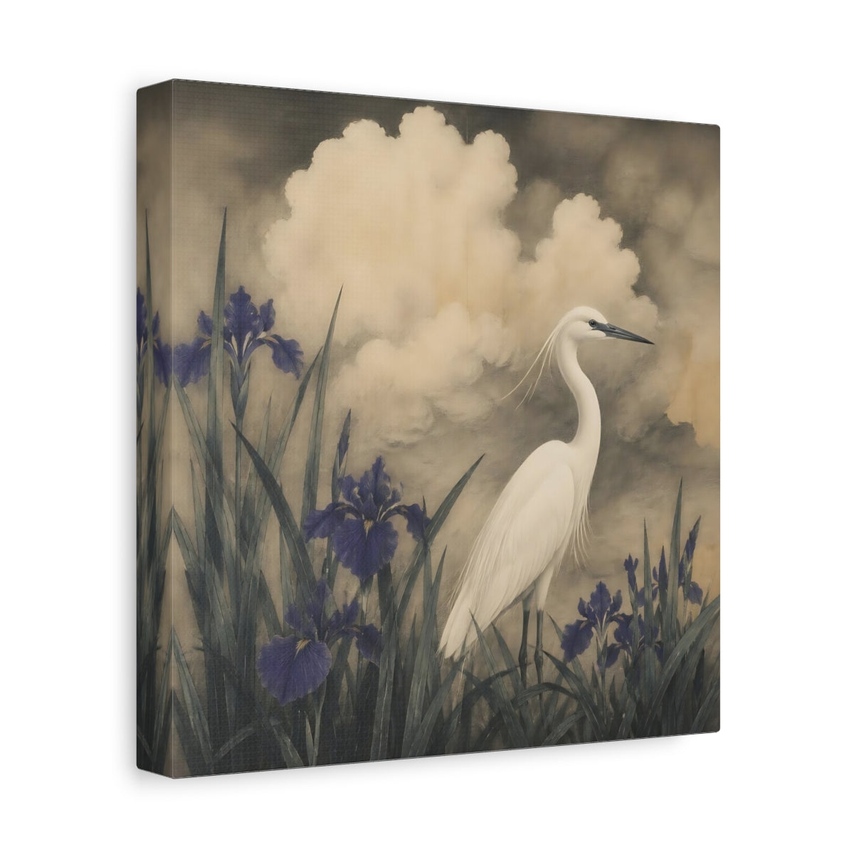 Side Mockup 9. White Egret And Irises shown as canvas print