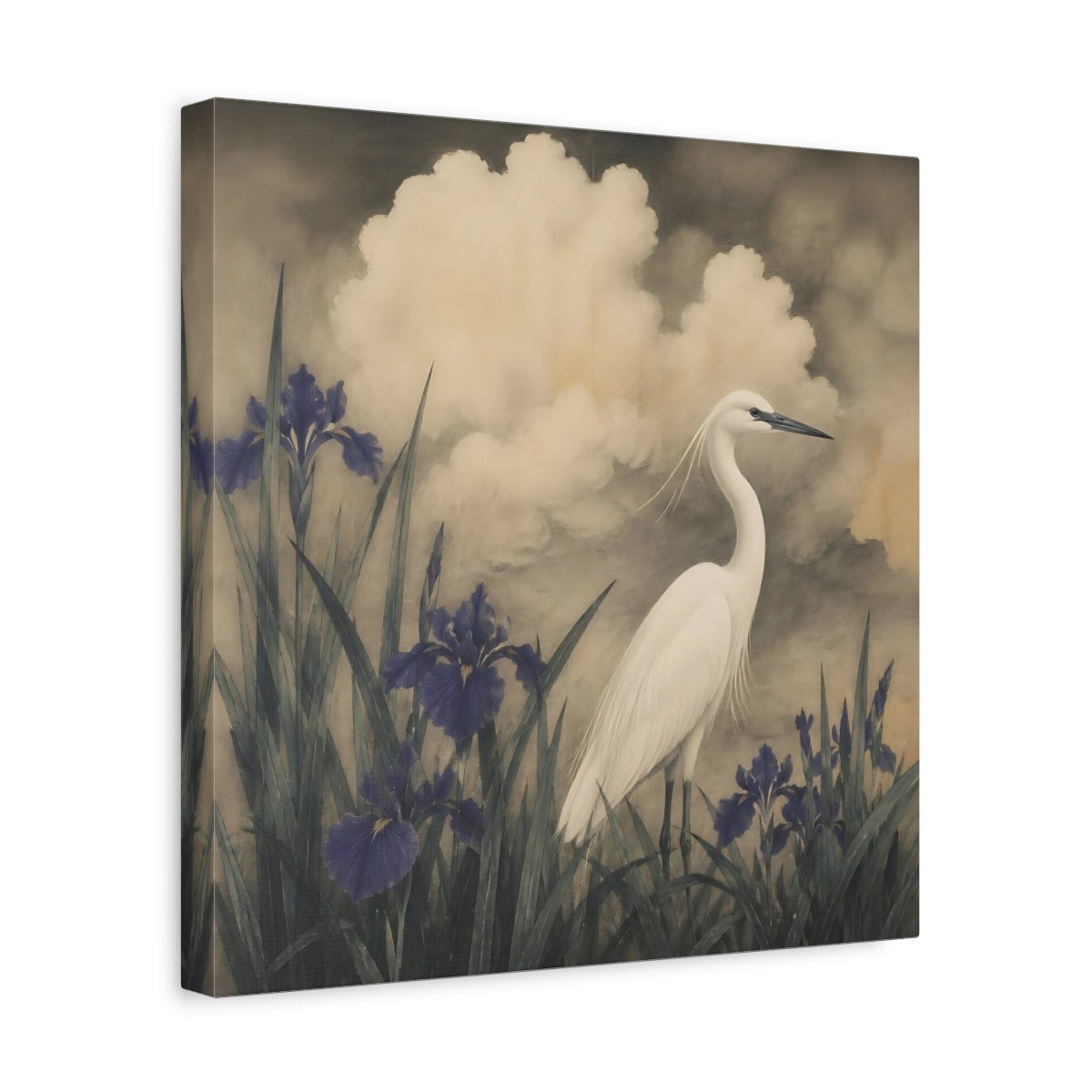 Side Mockup 7. White Egret And Irises shown as canvas print