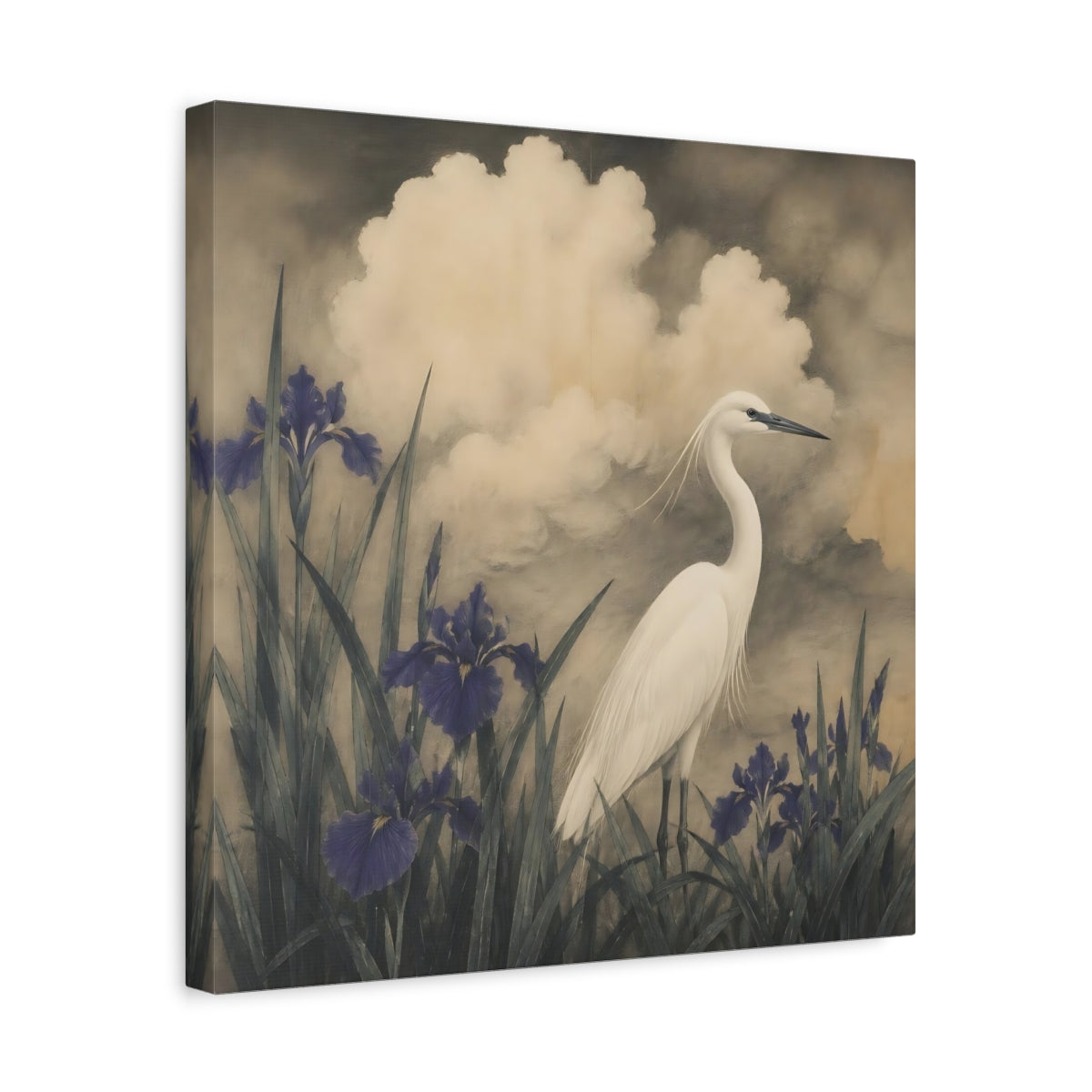Side Mockup 6. White Egret And Irises shown as canvas print