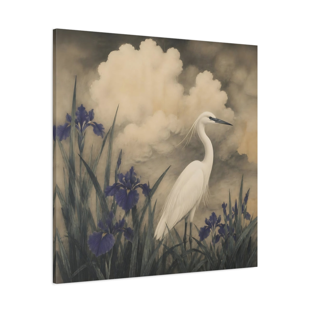 Side Mockup 1. White Egret And Irises shown as canvas print
