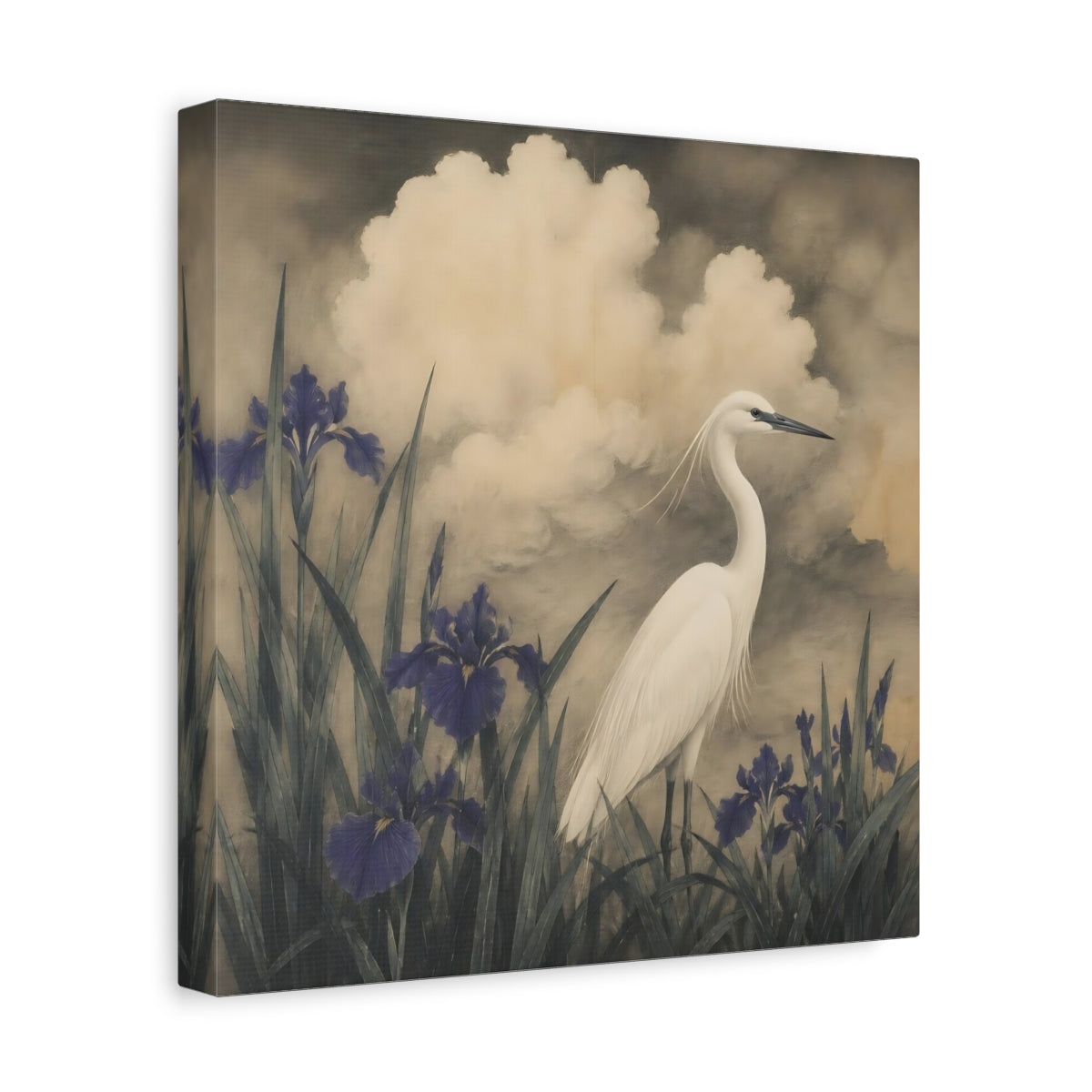 Side Mockup 8. White Egret And Irises shown as canvas print