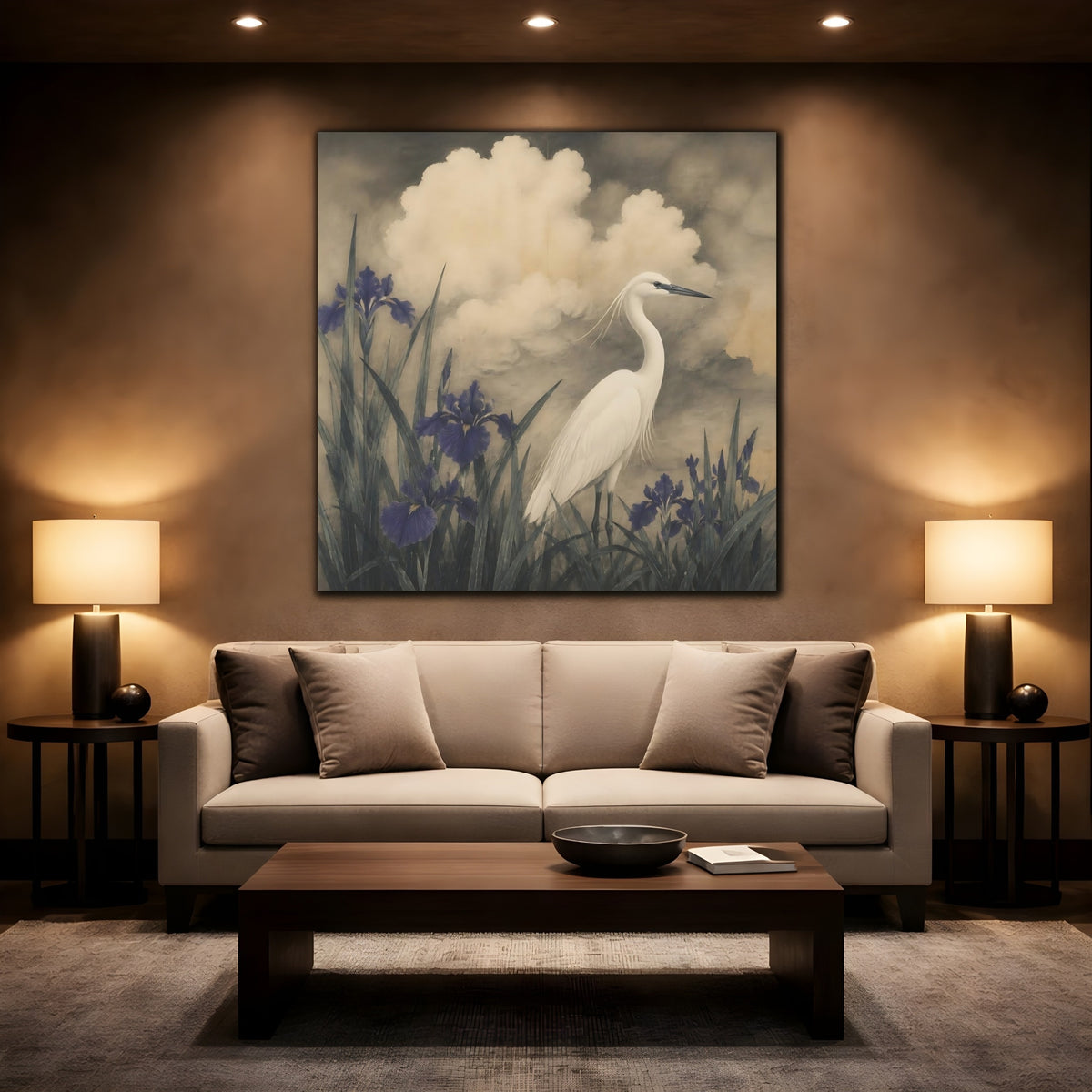 Mockup 2. White Egret And Irises shown as canvas print