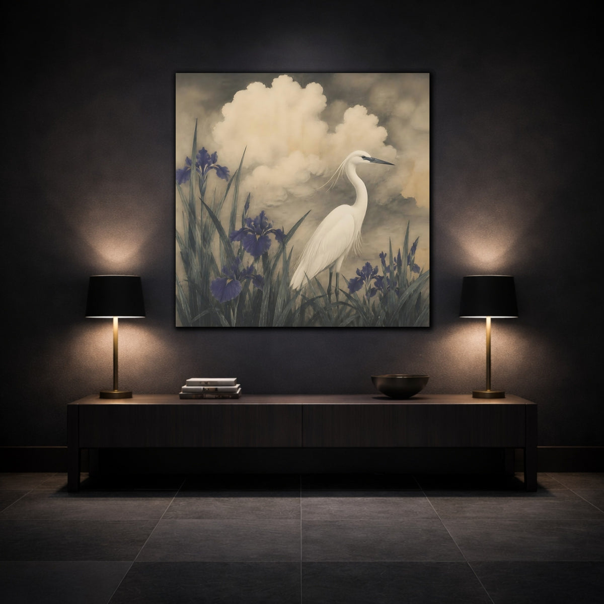 Mockup 3. White Egret And Irises shown as canvas print