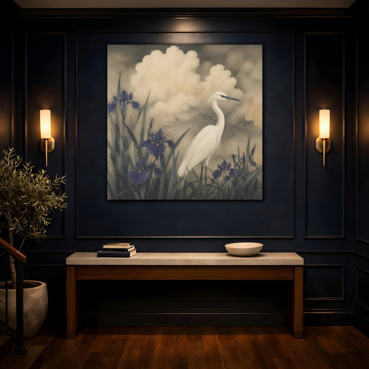 Mockup 4. White Egret And Irises shown as canvas print