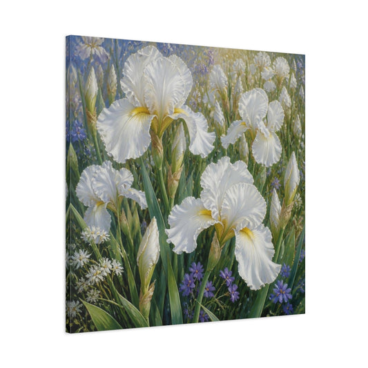 Main Mockup. White Iris Garden Flowers shown as canvas print