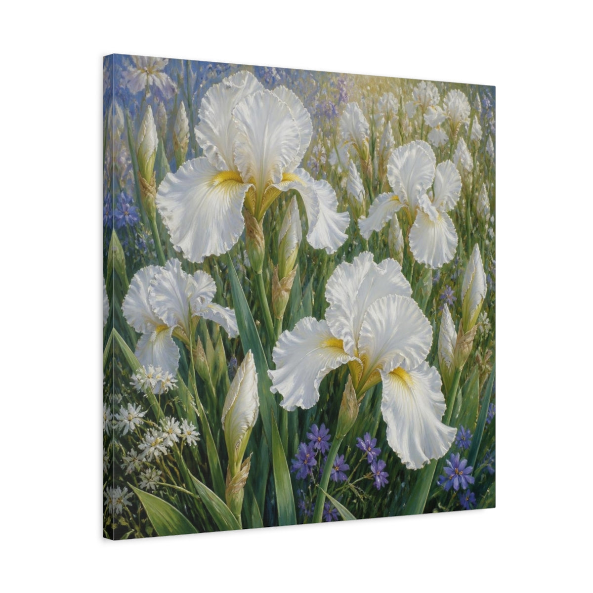 Side Mockup 4. White Iris Garden Flowers shown as canvas print