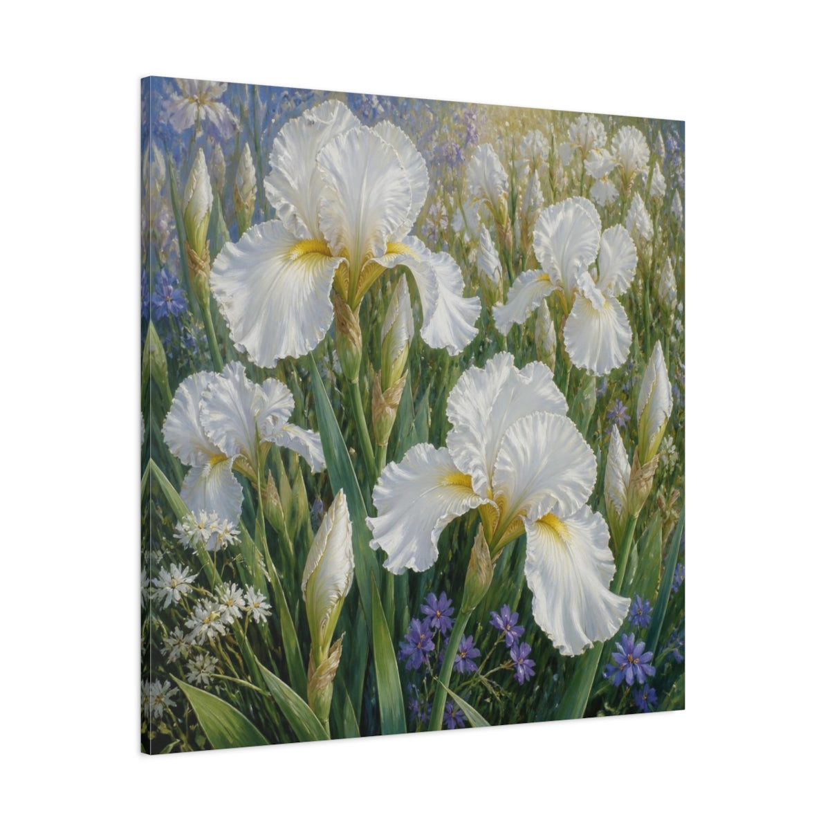 Side Mockup 1. White Iris Garden Flowers shown as canvas print