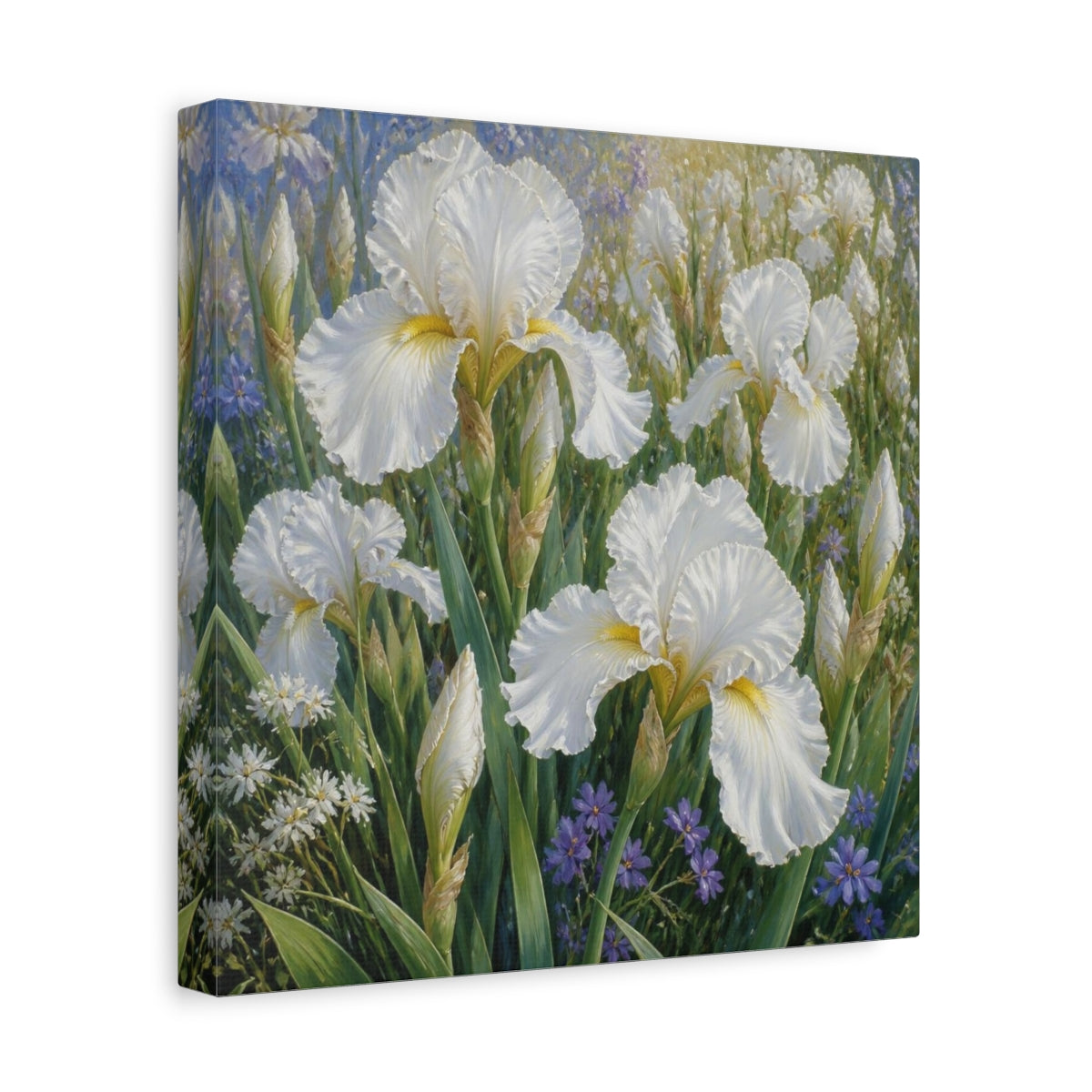 Side Mockup 8. White Iris Garden Flowers shown as canvas print