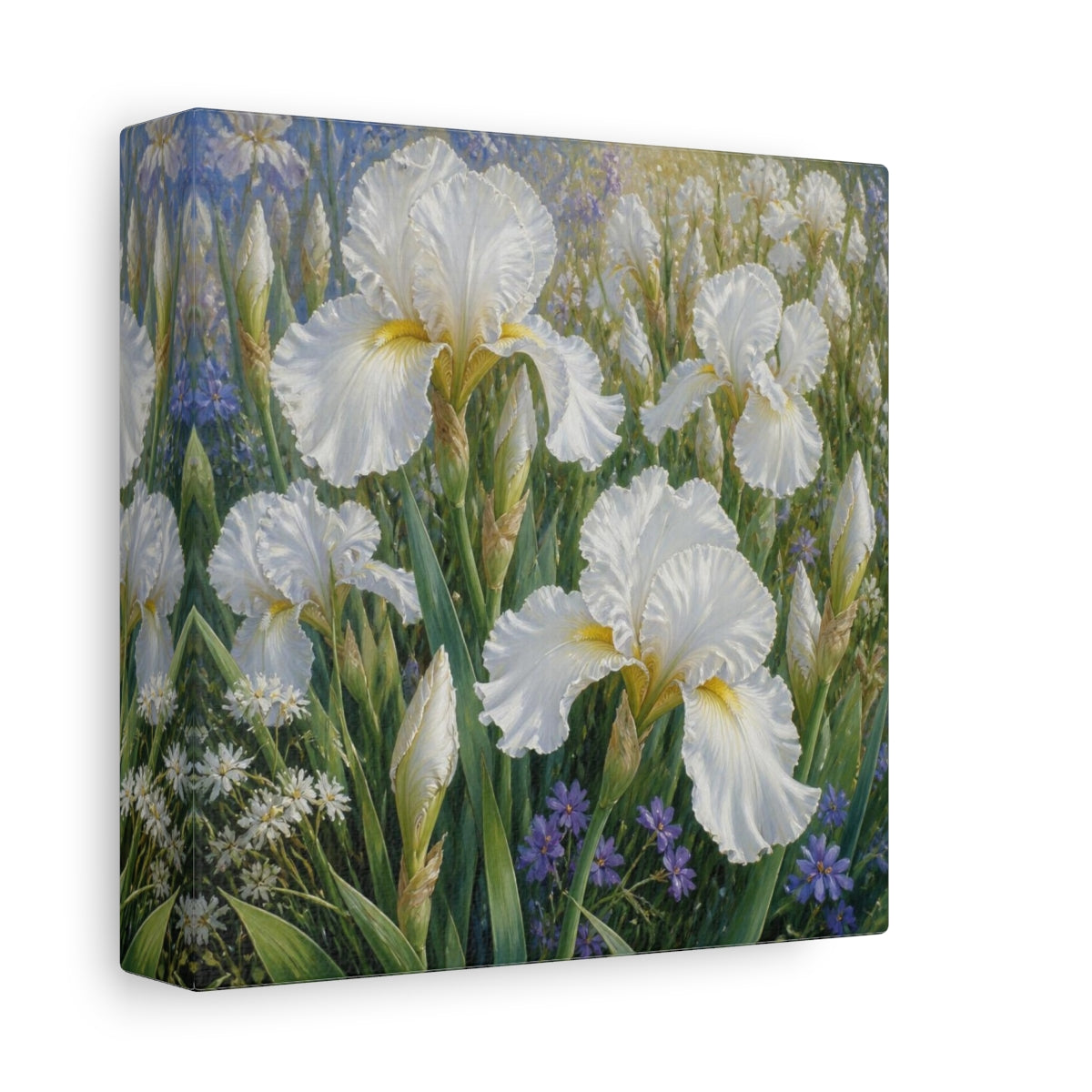 Side Mockup 2. White Iris Garden Flowers shown as canvas print