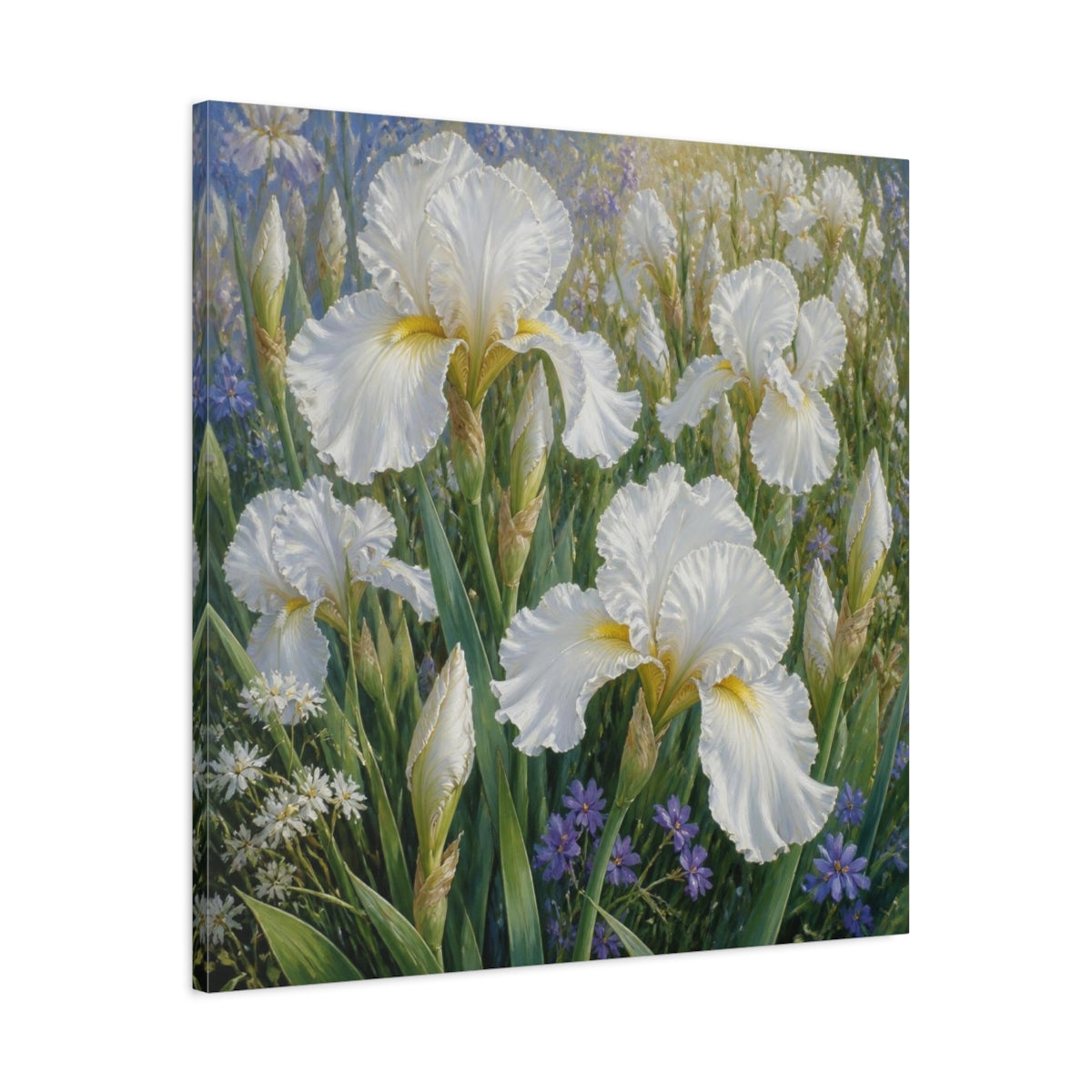Side Mockup 3. White Iris Garden Flowers shown as canvas print