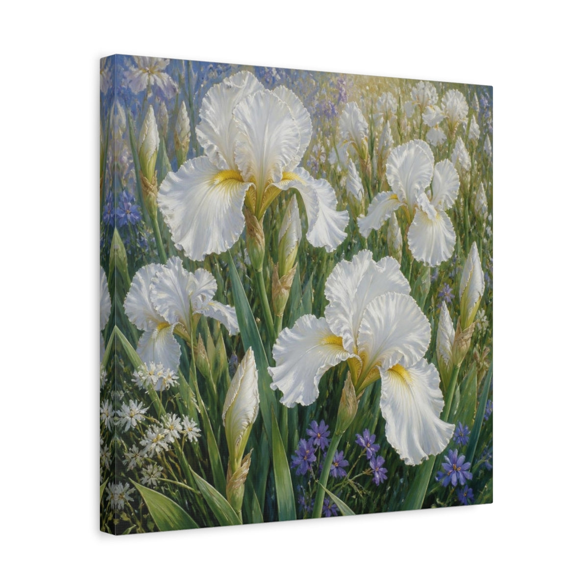 Side Mockup 6. White Iris Garden Flowers shown as canvas print