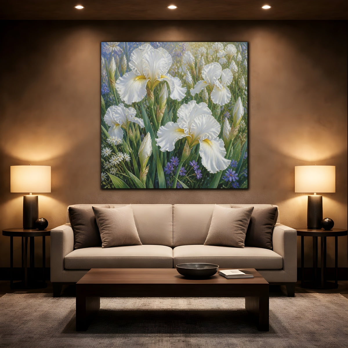 Mockup 2. White Iris Garden Flowers shown as canvas print