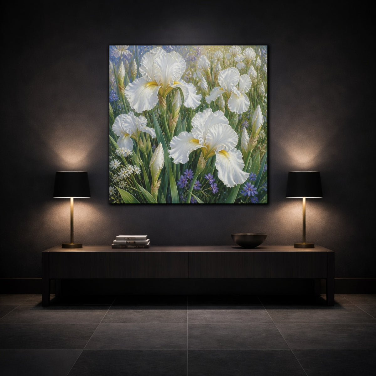 Mockup 3. White Iris Garden Flowers shown as canvas print