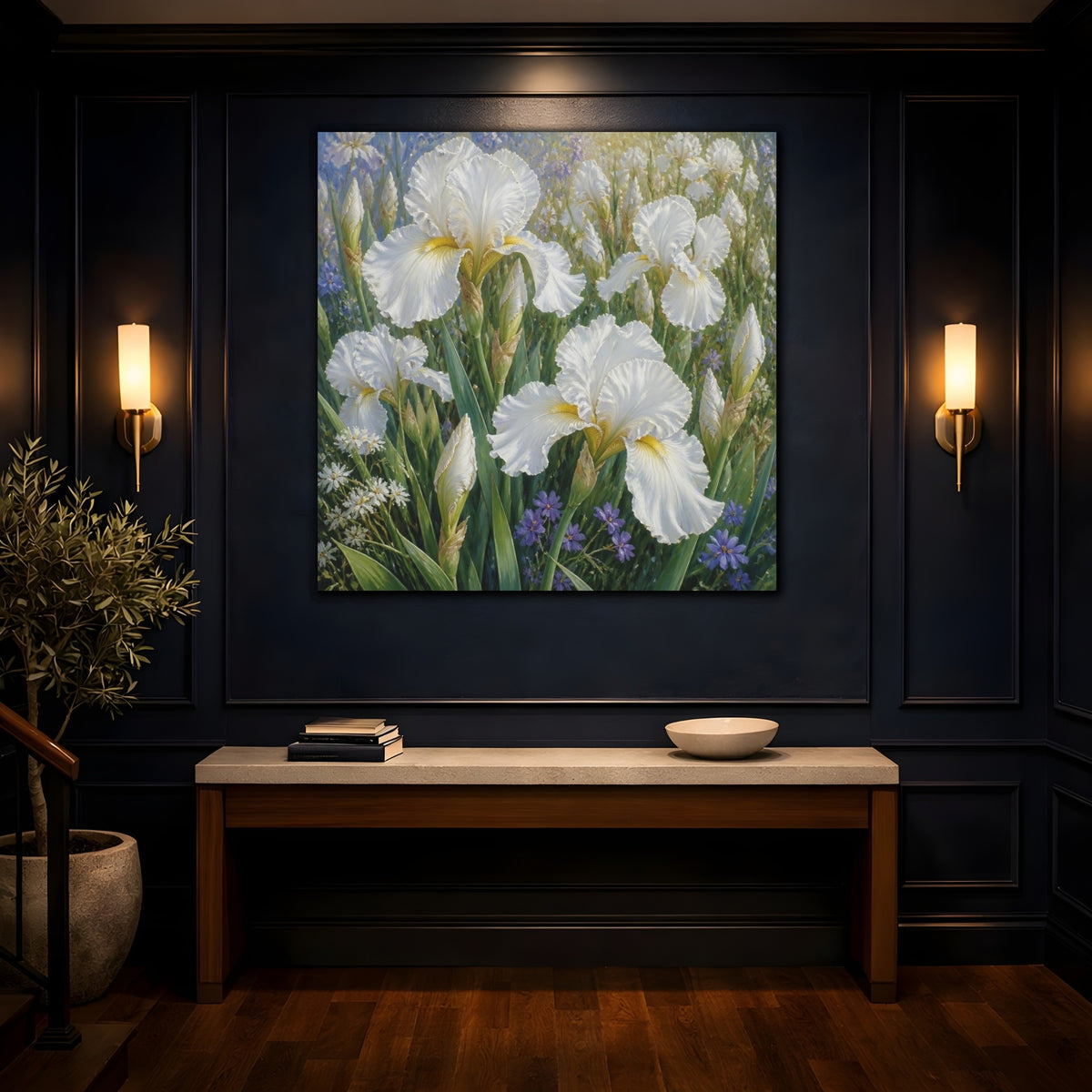 Mockup 4. White Iris Garden Flowers shown as canvas print