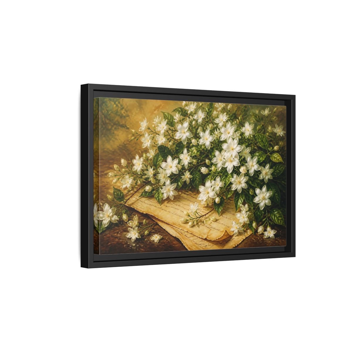 Side Mockup 6. White Jasmine Bouquet shown as framed canvas print