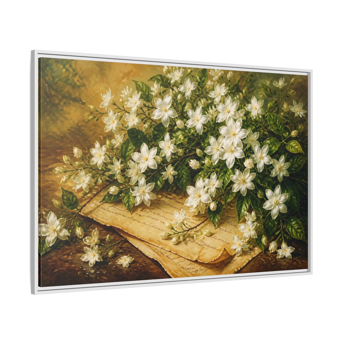 Side Mockup 7. White Jasmine Bouquet shown as framed canvas print