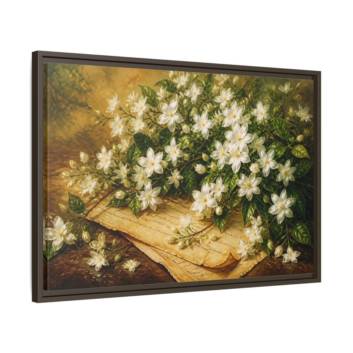 Side Mockup 11. White Jasmine Bouquet shown as framed canvas print