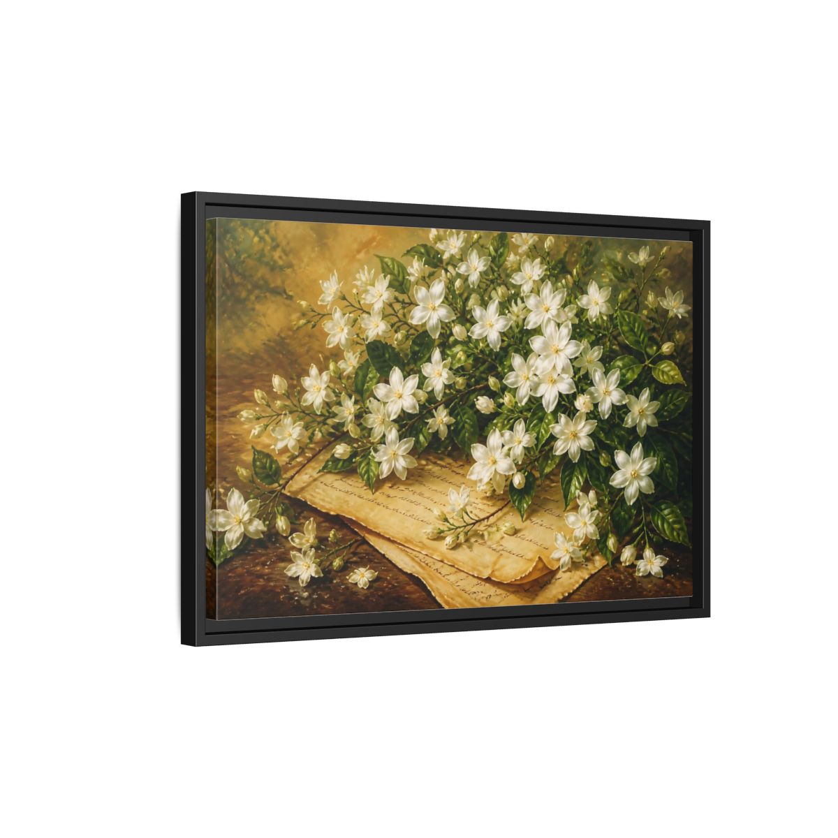 Side Mockup 3. White Jasmine Bouquet shown as framed canvas print