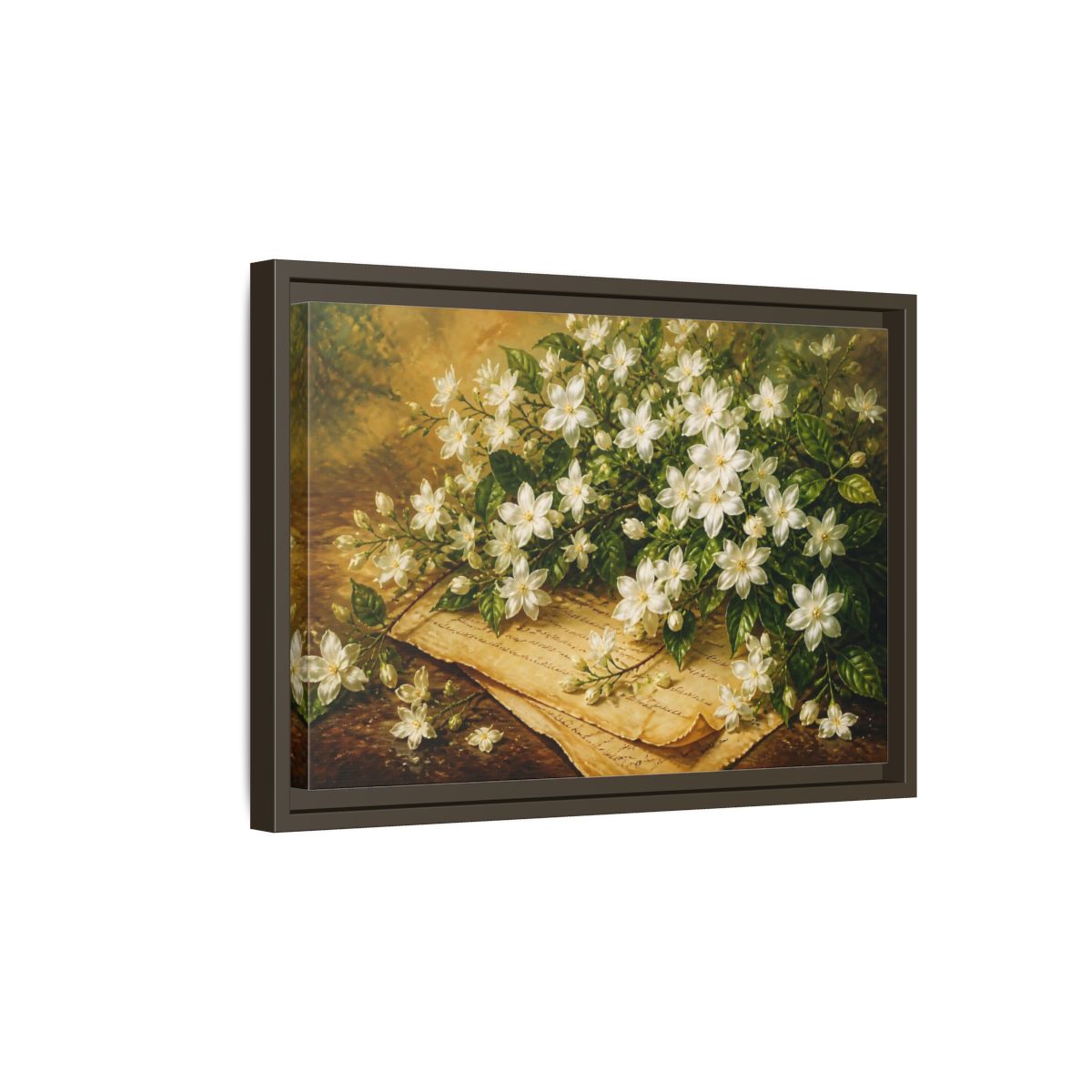 Side Mockup 5. White Jasmine Bouquet shown as framed canvas print