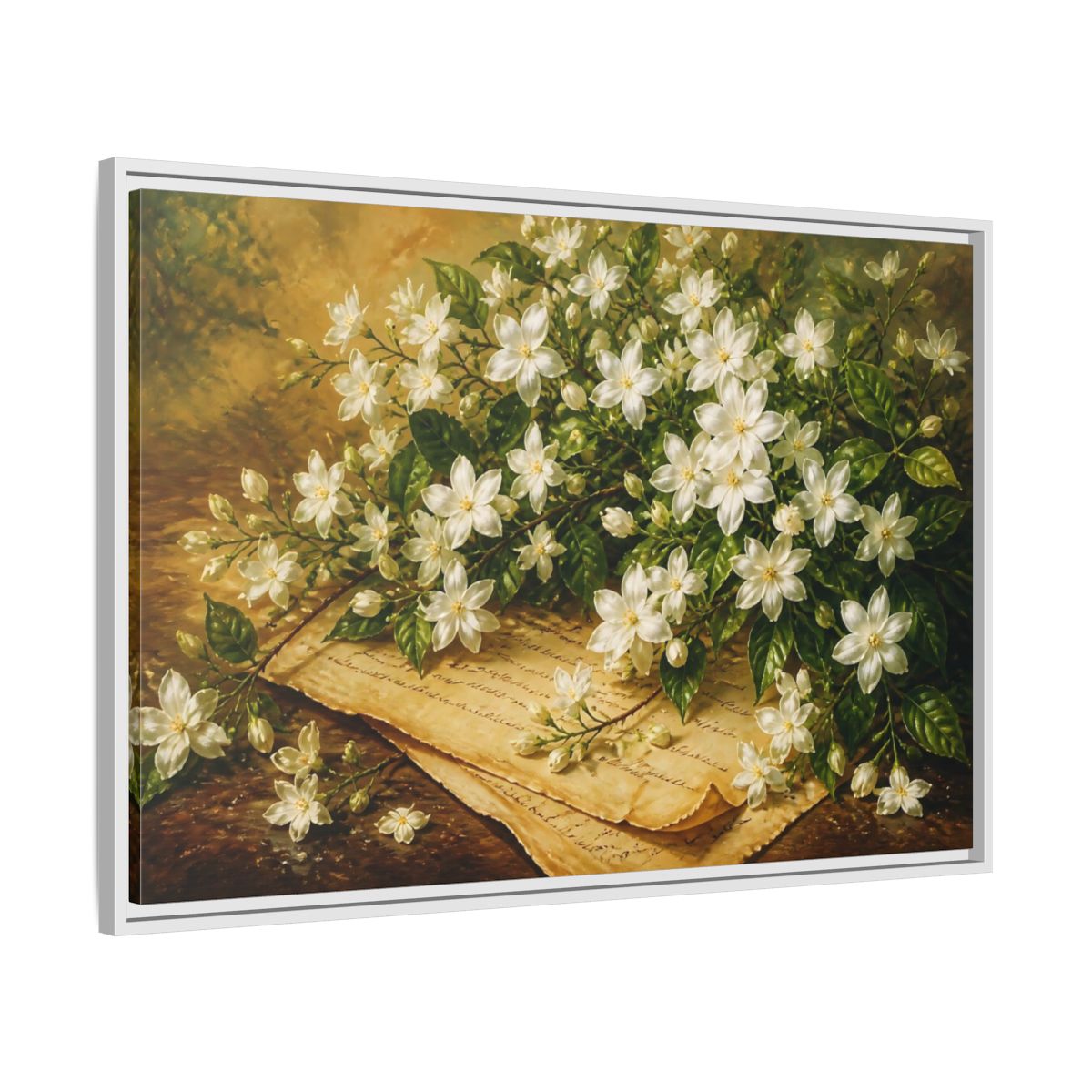 Side Mockup 9. White Jasmine Bouquet shown as framed canvas print