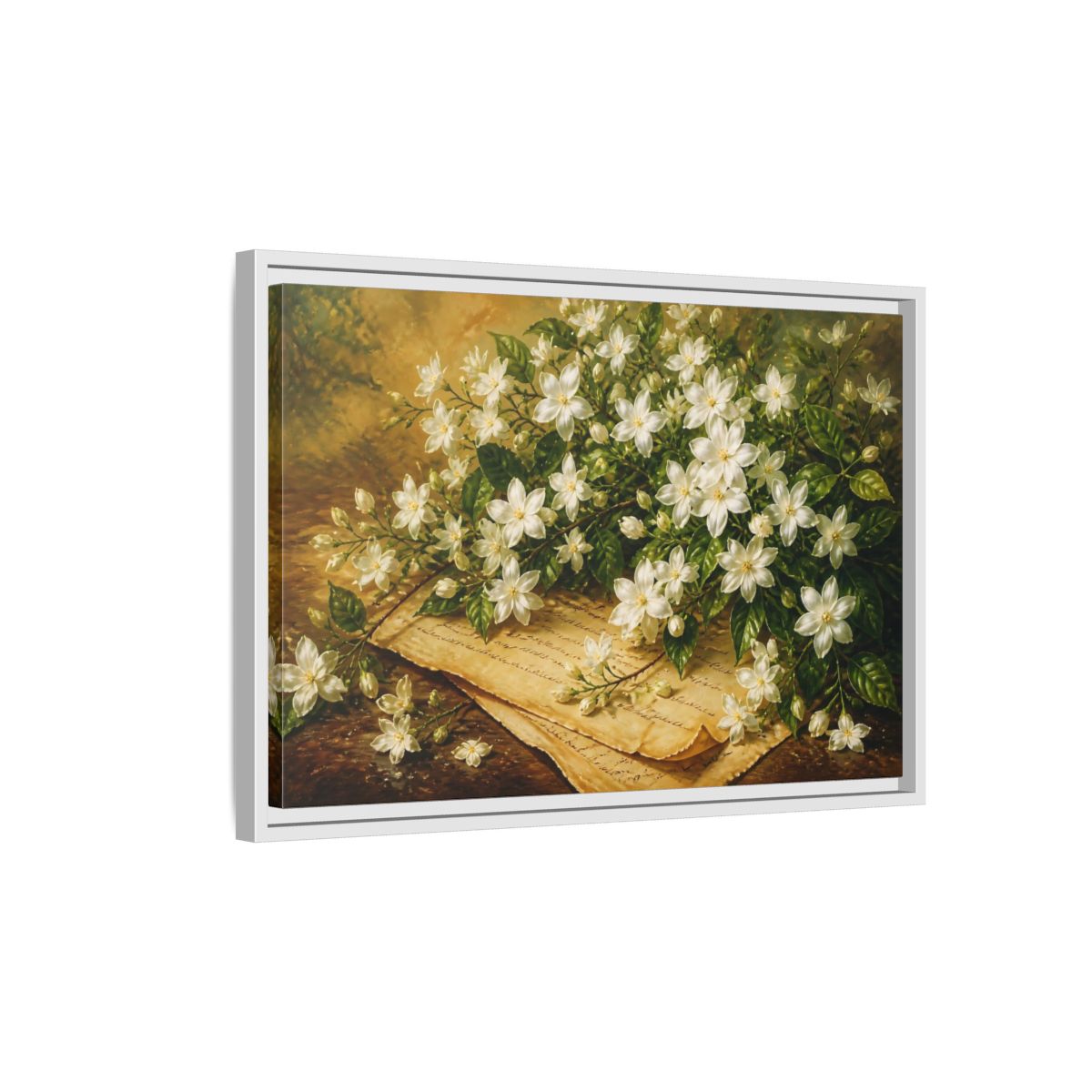 Side Mockup 1. White Jasmine Bouquet shown as framed canvas print