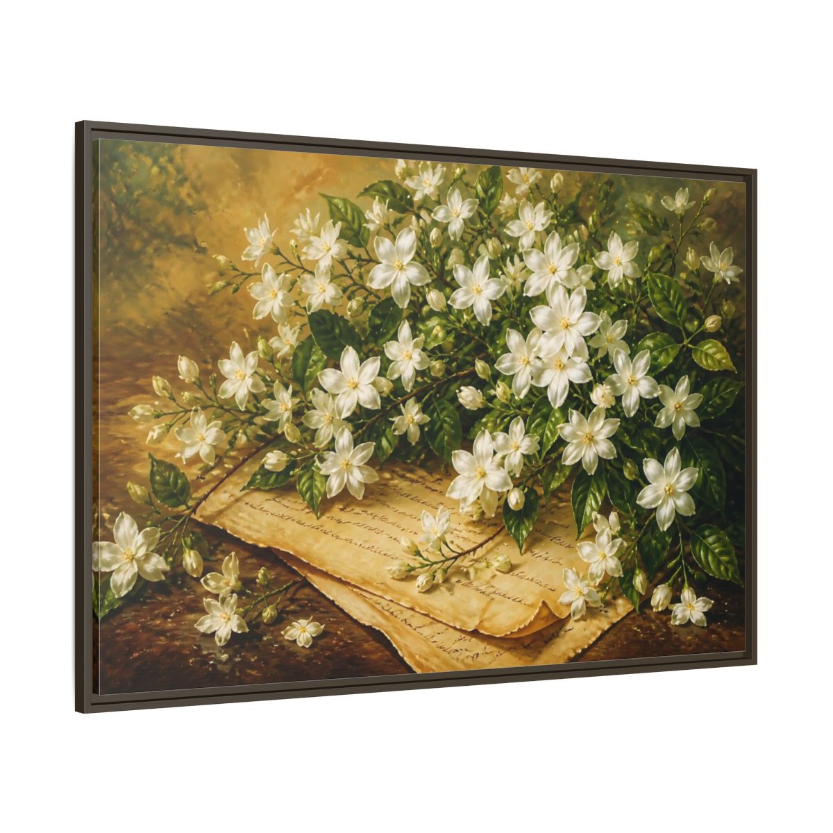 Side Mockup 8. White Jasmine Bouquet shown as framed canvas print