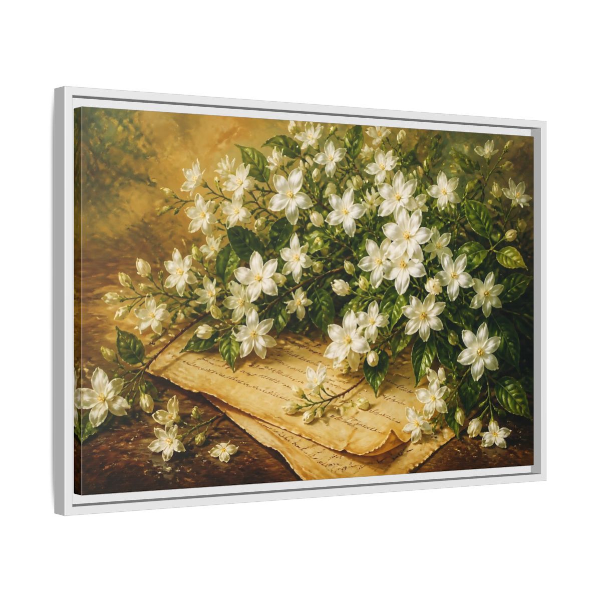 Side Mockup 10. White Jasmine Bouquet shown as framed canvas print