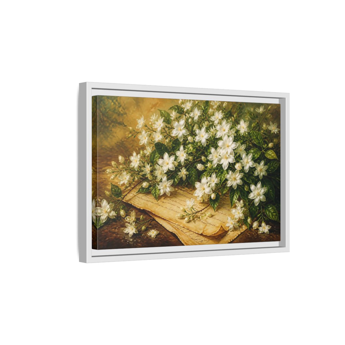 Side Mockup 4. White Jasmine Bouquet shown as framed canvas print
