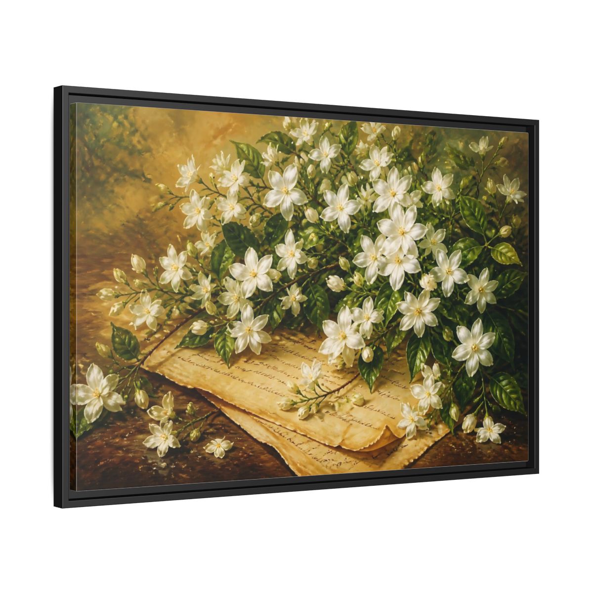 Side Mockup 13. White Jasmine Bouquet shown as framed canvas print
