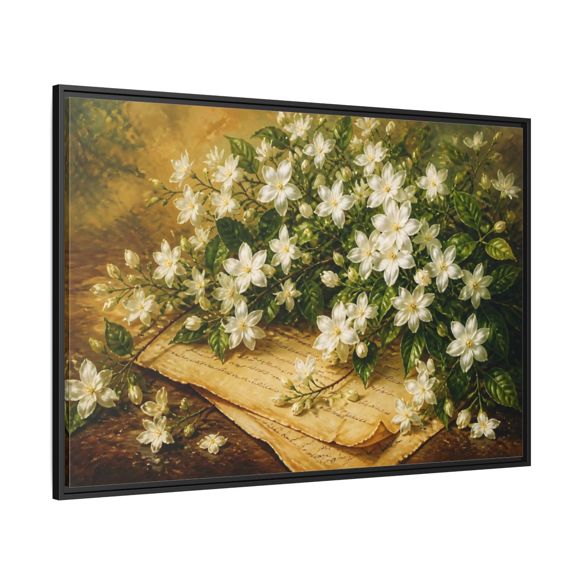 Side Mockup 12. White Jasmine Bouquet shown as framed canvas print