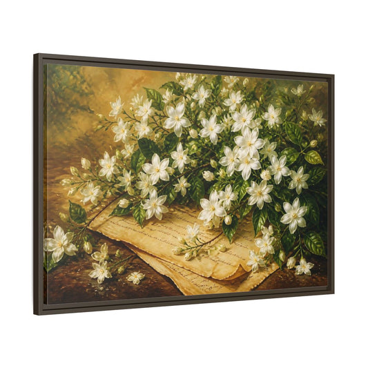 Main Mockup. White Jasmine Bouquet shown as framed canvas print