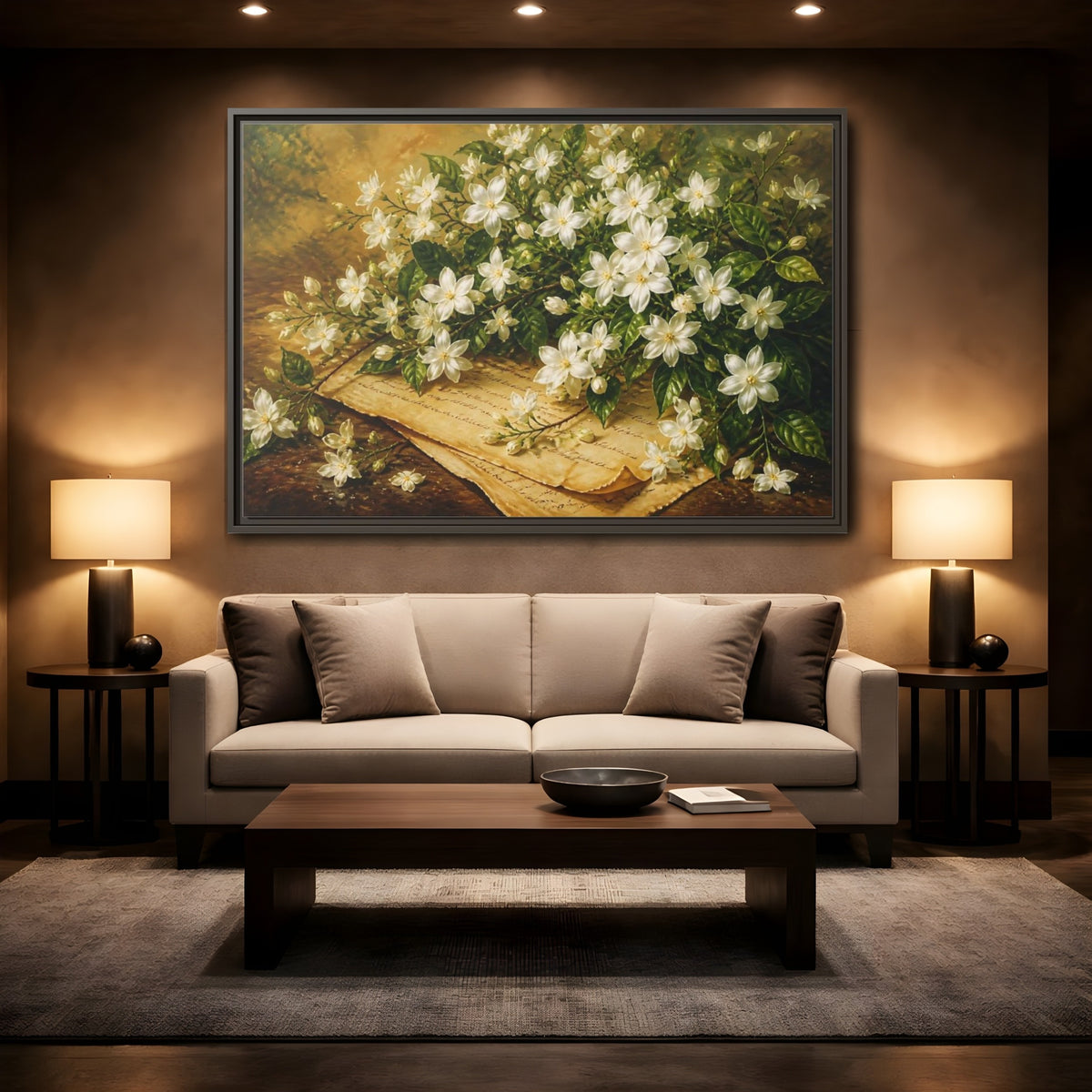 Mockup 2. White Jasmine Bouquet shown as framed canvas print