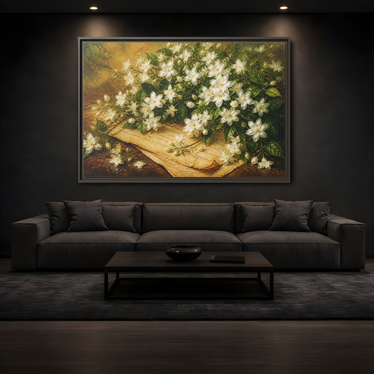 Mockup 3. White Jasmine Bouquet shown as framed canvas print