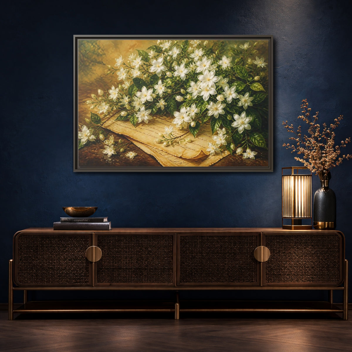 Mockup 4. White Jasmine Bouquet shown as framed canvas print